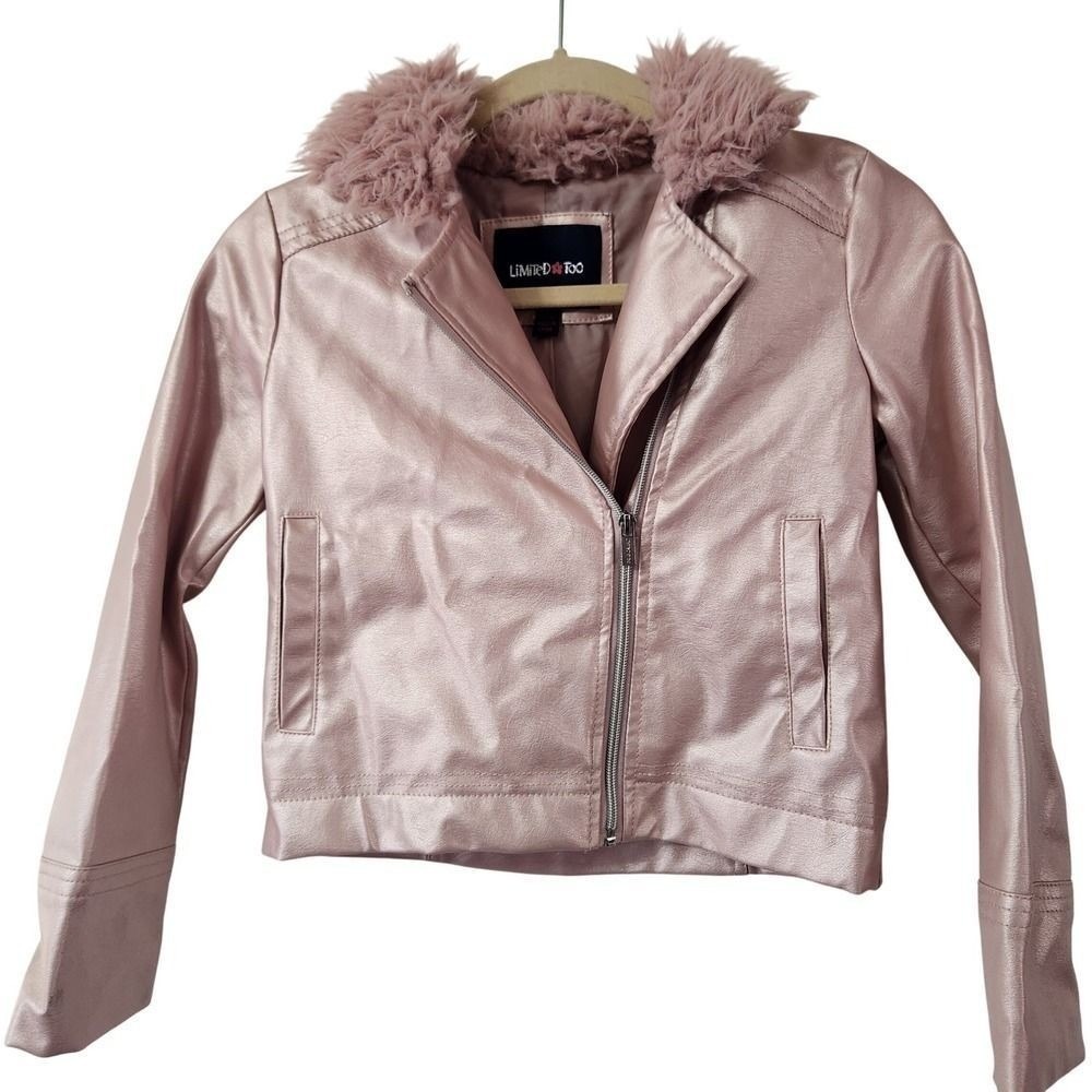 Limited Too Girls 10/12 Metallic Pink Faux Leather Moto Jacket Faux Fur Collar